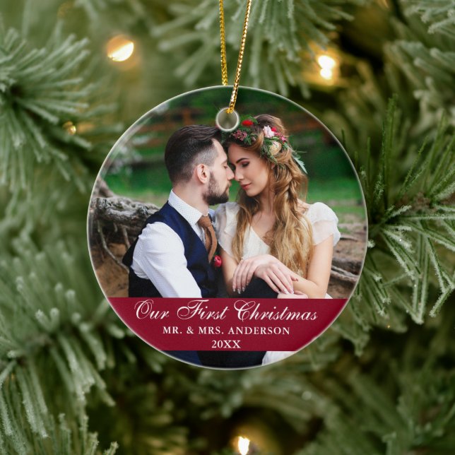 Our First Christmas Wedding Photo Burgundy Ceramic Tree Decoration (Tree)