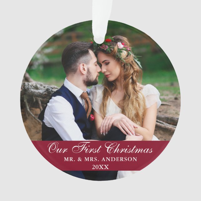 Our First Christmas Wedding Photo Burgundy Ornament (Front)