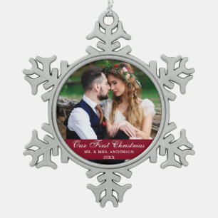 Our First Christmas Wedding Photo Burgundy Snowflake Pewter Christmas Ornament