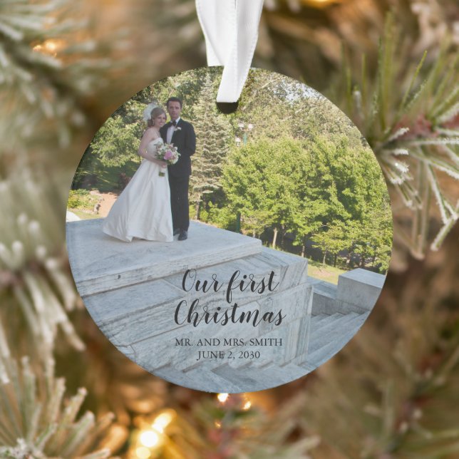 Our First Christmas Wedding Photo Elegant Script Ornament (Tree)
