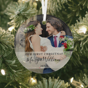 Our First Christmas Wedding Photo Glass Tree Decoration