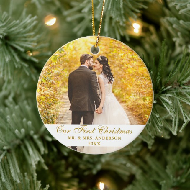 Our First Christmas Wedding Photo Gold Script Ceramic Tree Decoration (Tree)