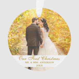 Our First Christmas Wedding Photo Gold Script Ornament