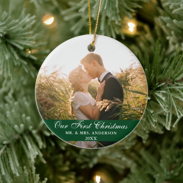 Our First Christmas Wedding Photo Green Ceramic Tree Decoration (Tree)