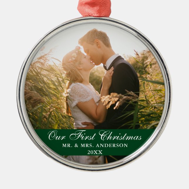 Our First Christmas Wedding Photo Green Metal Tree Decoration (Front)