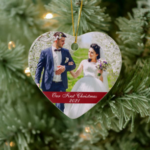 Our First Christmas Wedding Photo Heart Ceramic Tree Decoration