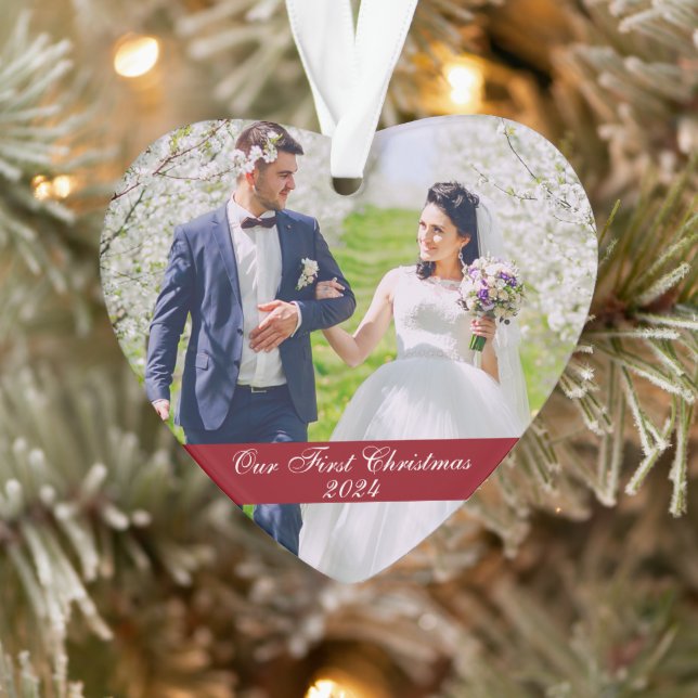 Our First Christmas Wedding Photo Heart Ornament (Tree)