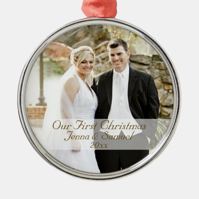 Our First Christmas Wedding Photo Keepsake Metal Tree Decoration (Front)