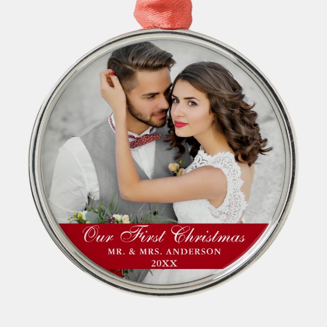 Our First Christmas Wedding Photo Red Metal Tree Decoration (Front)