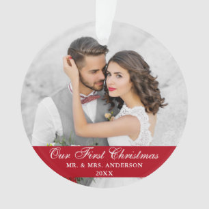 Our First Christmas Wedding Photo Red Ornament