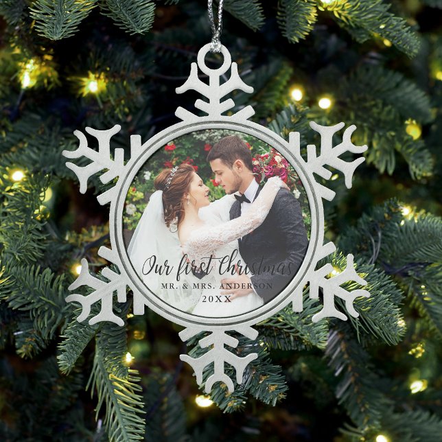 Our First Christmas Wedding Photo Snowflake Pewter Christmas Ornament (First Christmas Ornament. Customize with your names.)