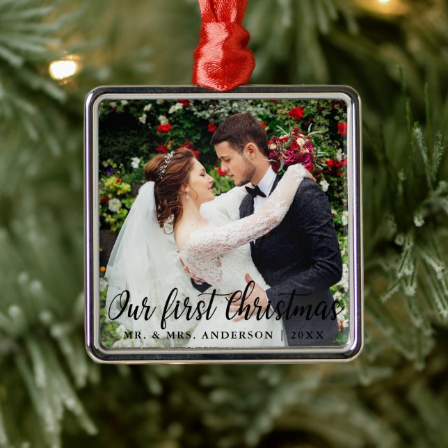 Our First Christmas Wedding Photo Square Metal Tree Decoration (Tree)