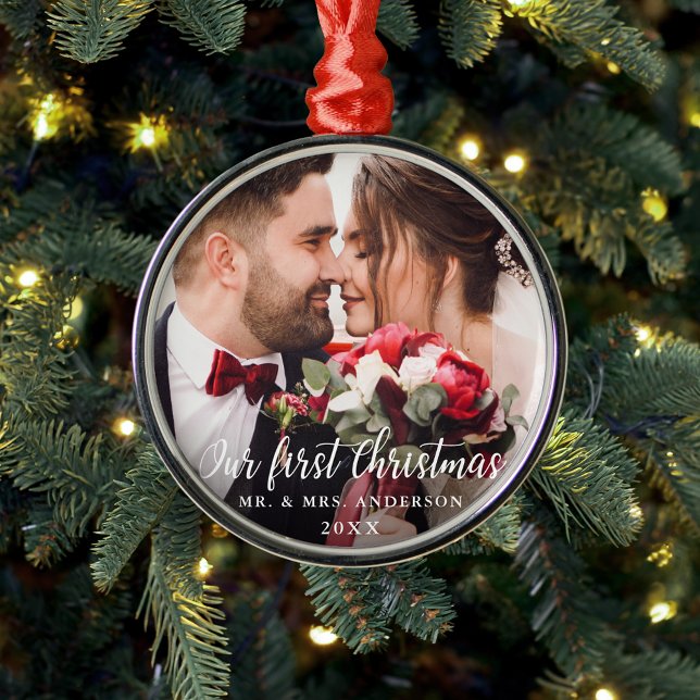 Our First Christmas Wedding Photo White Script R Metal Tree Decoration (Customize to change your personalized text size.)