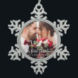 Our First Christmas Wedding Photo White Script Snowflake Pewter Christmas Ornament<br><div class="desc">Our First Christmas Wedding Photo Snowflake Ornament</div>