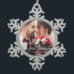 Our First Christmas Wedding Photo White Script Snowflake Pewter Christmas Ornament<br><div class="desc">Our First Christmas Wedding Photo Snowflake Ornament</div>