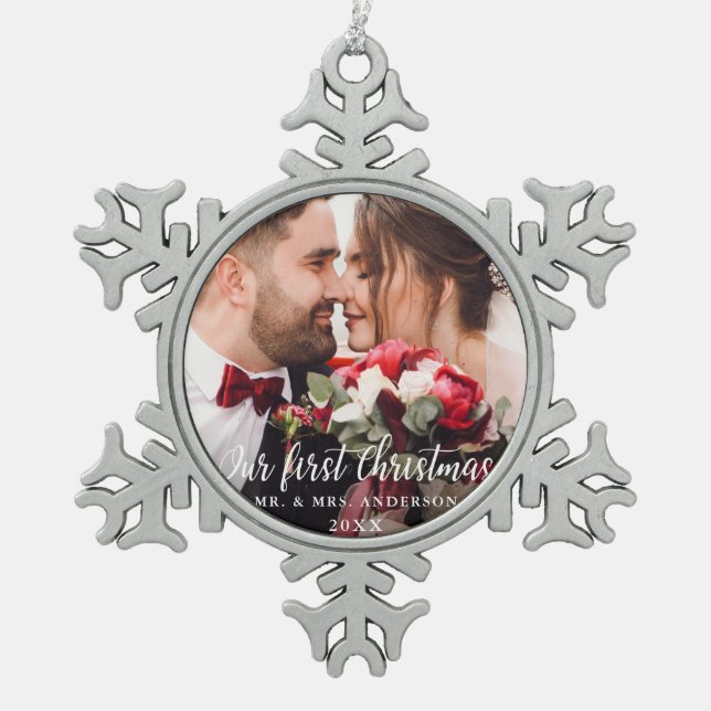 Our First Christmas Wedding Photo White Script Snowflake Pewter Christmas Ornament (Front)