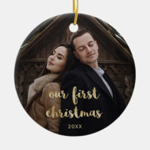 Our First Christmas Wedding Photos Gold Script Ceramic Tree Decoration