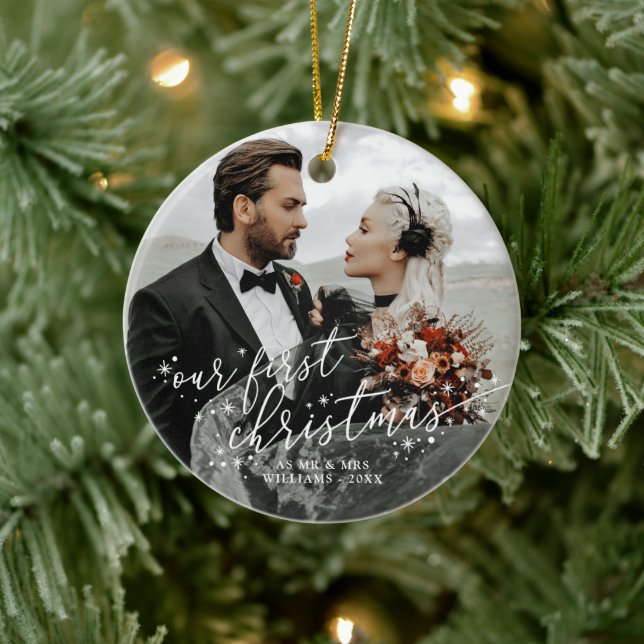 Our First Christmas White Script Wedding Photo Ceramic Tree Decoration (Tree)
