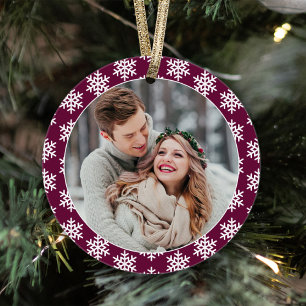 Our First Christmas   Wine Red Snowflake Photo Ornament
