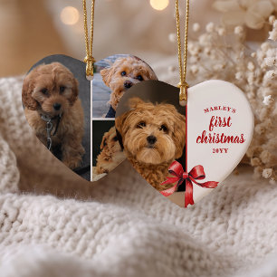 Our First Christmas with Our Puppy 4 Photo Red Bow Ceramic Tree Decoration