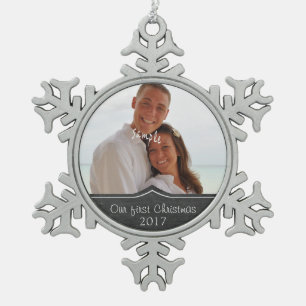 Our First Christmas with Photo Snowflake Pewter Christmas Ornament