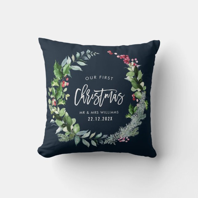 our first christmas wreath wedding announcement cushion (Front)