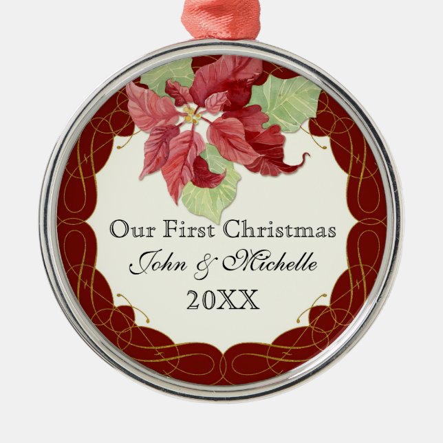 Our First ChristmasTogether Poinsettia Personalise Metal Tree Decoration (Front)