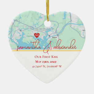 Our First Date Personalised Map Couples Keepsake Ceramic Tree Decoration