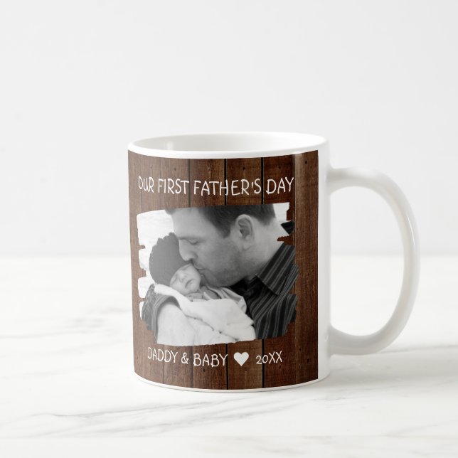 Our First Fathers Day Dad Baby Photo  Dark Wood Coffee Mug (Right)