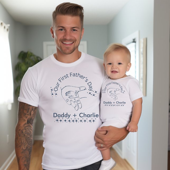 Our First Father's Day Hand holding tiny hand T-Shirt (Matching daddy and me t-shirts for father's day. Our first father's day!)