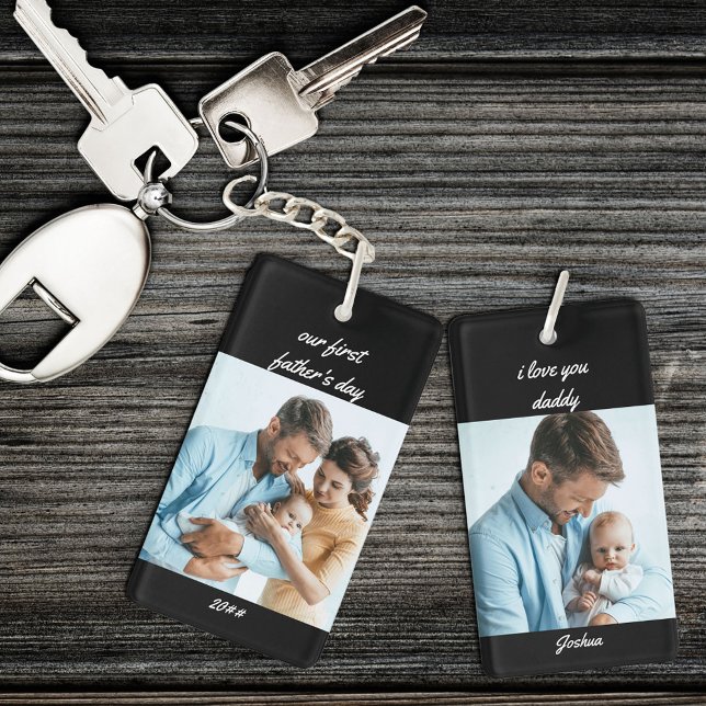 Our First Father's Day Name and Year Black 2 Photo Key Ring (Creator Uploaded)