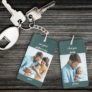 Our First Father's Day Name and Year Green 2 Photo Key Ring
