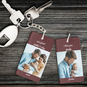 Our First Father's Day Name and Year Green 2 Photo Key Ring