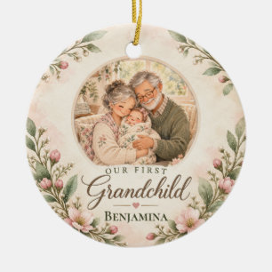 Our First Grandchild Blush Floral Photo Keepsake Ceramic Tree Decoration