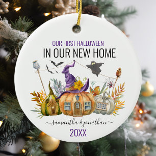 Our First Halloween In New Home Watercolor  Ceramic Tree Decoration