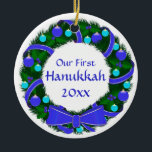 Our First Hanukkah Year Wreath Ornament<br><div class="desc">A simple and lovely with blue and green decorations,  suitable for your "Hanukkah Bush"! Templates front and back,  with "Our First Hanukkah (year) on the front and  the year on the back.</div>