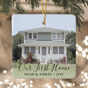 Our First Home 2 Photo Housewarming Black Script Ceramic Ornament