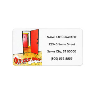 our first home comic door label