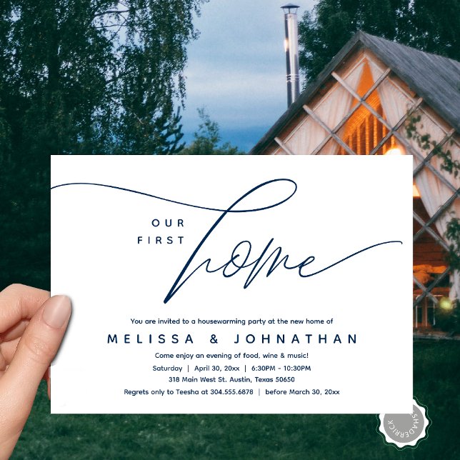 Our First Home, Cosy Lovely Housewarming Party Invitation (Our First Home, Cozy Lovely Housewarming Party Invitation Card, PDF, Lovely Cozy Romantic Navy Blue)