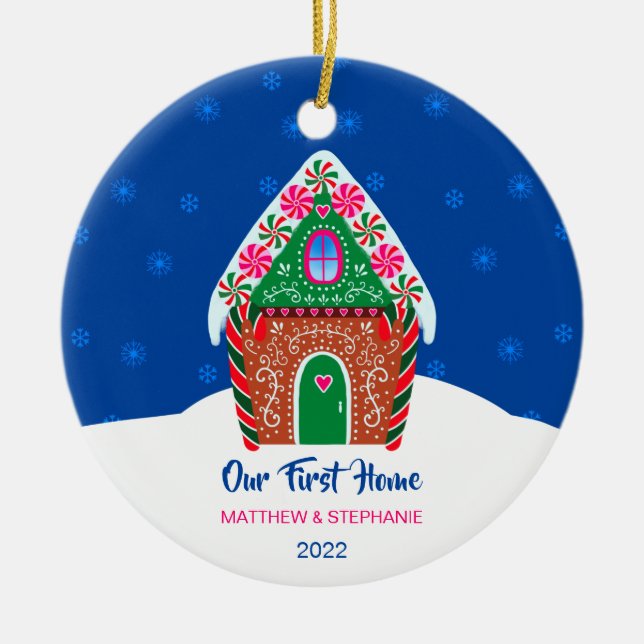 Our First Home Gingerbread House Night Blue Ceramic Tree Decoration (Front)