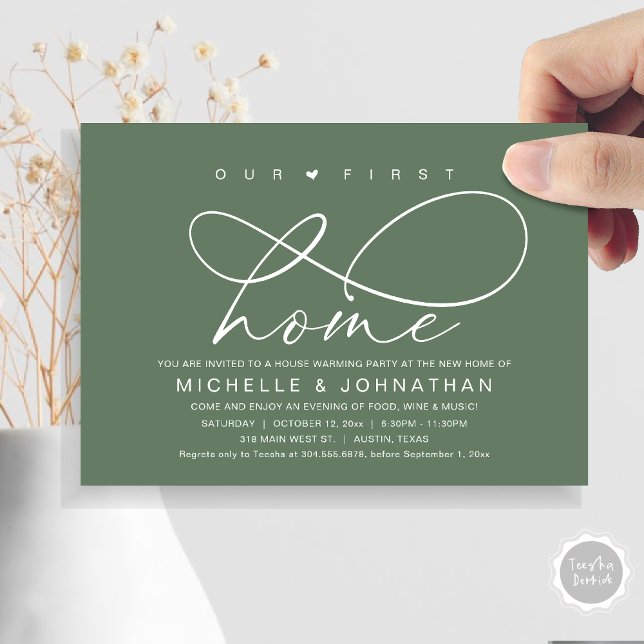Our first home, Modern Housewarming party Invitation (Our First Home, New Housewarming Party Invitation Card, PDF, Modern Romantic Script, Sage Green)