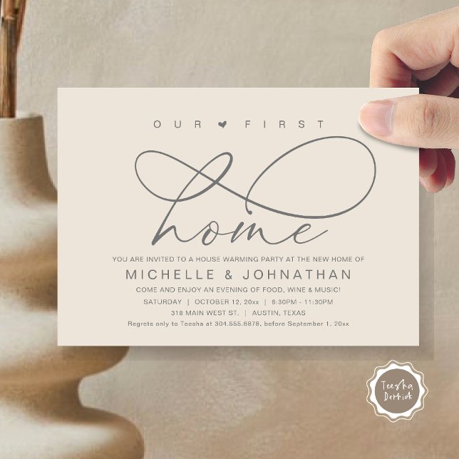 Our first home, Modern Housewarming party Invitation (Our First Home, New Housewarming Party Invitation Card, PDF, Modern Romantic Script, Dark Grey Cream)