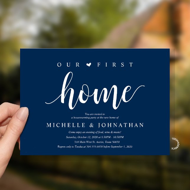 Our First Home Modern Rustic Housewarming party Invitation (Our First Home Housewarming party Invitation Card in Navy Blue)
