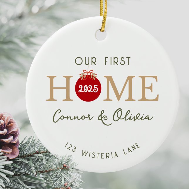Our First Home Personalised Names Address Year Ceramic Tree Decoration (Our first home personalized Christmas ornament custom names address year minimalist housewarming)