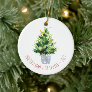 Our First Home Personalised Potted Christmas Tree Ceramic Tree Decoration