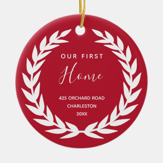 Our First Home | Red and White Housewarming Ceramic Tree Decoration (Front)