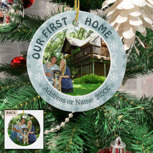 Our First Home, Teal & White Snowflakes, Two Photo Ceramic Tree Decoration