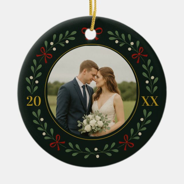 Our First Married Christmas – Evergreen Wreath Ceramic Tree Decoration (Front)