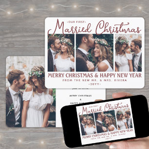 Our First Married Christmas Newlyweds 4 Photo Red Holiday Card