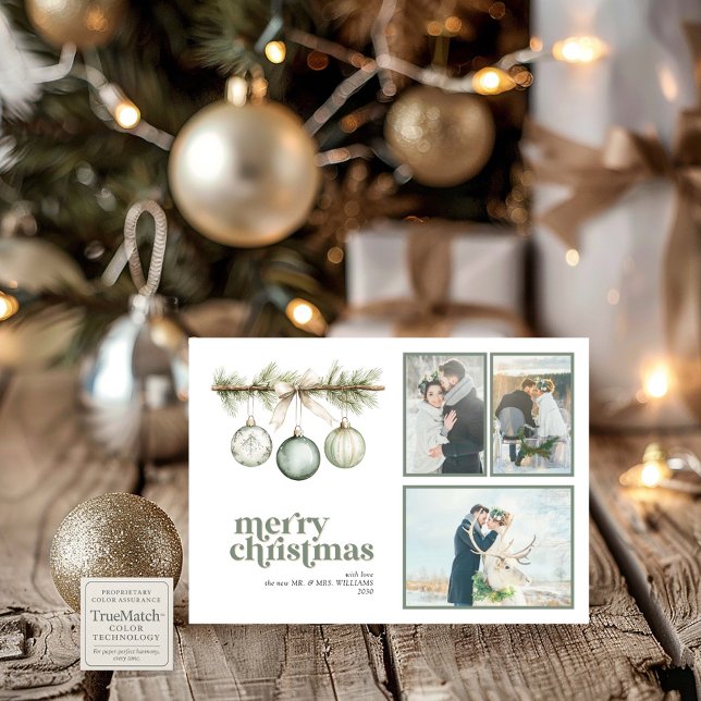 Our First Married Christmas Pine Ornament 3 Photo Holiday Card (Creator Uploaded)